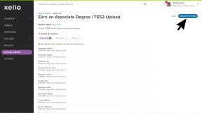 The 'Upload file' page for a requirement called 'Earn an Associate Degree'. The records have been imported. There is a list of 11 students with their IDs. The cursor is clicking 'Upload 11 records'.